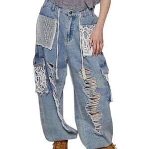 POL Blue Cargo Jeans Distressed Mesh/Lace Details Sz.M NEW!